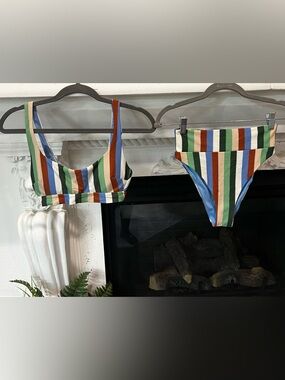 aerie Striped Bikini Set in Green, Blue, Orange, White